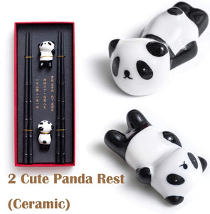 HauSun 2 Pairs Chopsticks and Chopstick Rest Gift Set- Dishwasher Safe Reusable Fiber Glass Chopsticks + Porcelain Cute Panda Chopstick Holder, Non-slip Chinese Japanese Style Chopsticks Set, Black