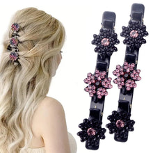 Load image into Gallery viewer, 2 Pcs Sparkling Crystal Stone Braided Hair Clips, 2024 New Satin Fabric Hair Bands Rhinestone Four-Leaf Clover Hair Clip,Duck Bill Clips for Women Girls (4 Pcs)