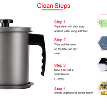 Load image into Gallery viewer, Bacon Grease Container with Fine Mesh Strainer, 1.3 L almost 6 Full Cups Iron Cooking Oil Can with Removable a Coaster Tray for Kitchen Fat Storage Black