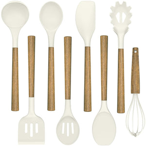 Silicone Cooking Utensil Set, Umite Chef 8-Piece Kitchen Utensils Set with Natural Acacia Wooden Handles,Food-Grade-Silicone Kitchen Gadgets Spatulas Set for Nonstick Cookware- Black