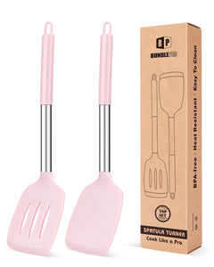 Pack of 2 Silicone Solid Turner, Non Stick Slotted Kitchen Spatulas, High Heat Resistant BPA Free Cooking Utensils, Ideal Cookware for Fish, Eggs, Pancakes(Black)