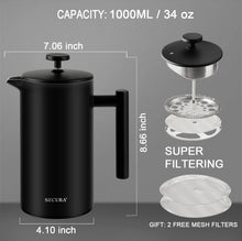 Load image into Gallery viewer, Secura French Press Coffee Maker, 304 Grade Stainless Steel Insulated Coffee Press with 2 Extra Screens, 34oz (1 Litre), Silver