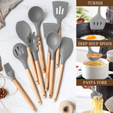 Load image into Gallery viewer, Umite Chef Kitchen Cooking Utensils Set, 33 pcs Non-Stick Silicone Cooking Kitchen Utensils Spatula Set with Holder, Wooden Handle Silicone Kitchen Gadgets Utensil Set (Khaki)