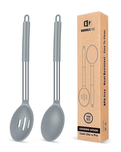 Pack of 2 Large Silicone Cooking Spoons,Non Stick Solid Basting Spoon,Heat-Resistant Kitchen Utensils for Mixing,Serving,Draining,Stirring (BLACK)