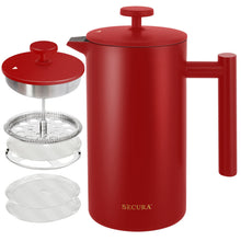 Load image into Gallery viewer, Secura French Press Coffee Maker, 304 Grade Stainless Steel Insulated Coffee Press with 2 Extra Screens, 34oz (1 Litre), Silver