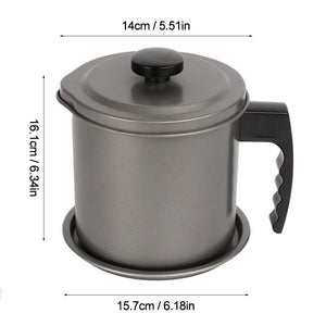 Bacon Grease Container with Fine Mesh Strainer, 1.3 L almost 6 Full Cups Iron Cooking Oil Can with Removable a Coaster Tray for Kitchen Fat Storage Black