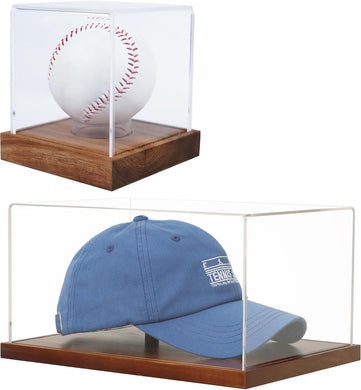 Transparent Acrylic Autographed Baseball Hat Display Box and Clear Cube Baseball Holder with Wooden Base