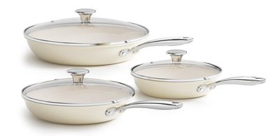 Redchef Nonstick Cookware Sets, Frying Pan Set with Tempered Glass Lids, Ceramic Cookware Set, Stay-Cool Handles, Dishwasher & Oven Safe, Compatible with All Cooktops, Beige (8+9.5+11 Inch)