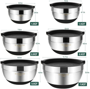 Umite Chef Mixing Bowls with Airtight Lids, 6 piece Stainless Steel Metal Nesting Storage Bowls, Non-Slip Bottoms Size 7, 3.5, 2.5, 2.0,1.5, 1QT, Great for Mixing & Serving (Khaki)