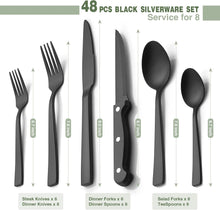 Load image into Gallery viewer, Black Silverware Set, Umit Chef 48Pcs Black Flatware Set with Steak Knives for 8, Food-Grade Stainless Steel Flatware Utensils Set, Cutlery Set for Home Kitchen and Restaurant