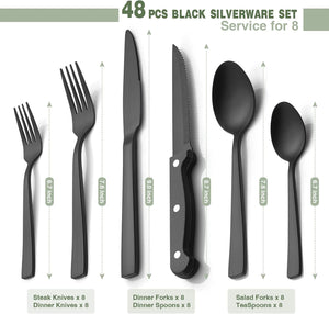 Black Silverware Set, Umit Chef 48Pcs Black Flatware Set with Steak Knives for 8, Food-Grade Stainless Steel Flatware Utensils Set, Cutlery Set for Home Kitchen and Restaurant