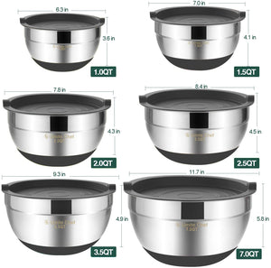 Umite Chef Mixing Bowls with Airtight Lids, 6 piece Stainless Steel Metal Nesting Storage Bowls, Non-Slip Bottoms Size 7, 3.5, 2.5, 2.0,1.5, 1QT, Great for Mixing & Serving (Khaki)