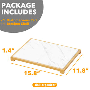 SpaceAid Bamboo Rack Dish Pad, Instant Dry Diatomaceous Earth Mat for Kitchen Counter, Stone Dish Fast Drying Mat Board (15.8 x 11.8 inch, White Marble)