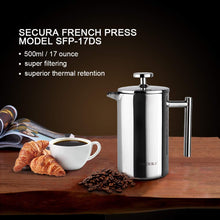 Load image into Gallery viewer, Secura French Press Coffee Maker, 304 Grade Stainless Steel Insulated Coffee Press with 2 Extra Screens, 34oz (1 Litre), Silver