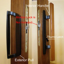 Load image into Gallery viewer, Mortise Style Reversible Sliding Patio Door Handle Set with Oak Wood Interior Handle and Exterior Pull in White Diecast Finish Fits 3-15/16” Screw Hole Spacing, Non-keyed with Latch Locks (Black)