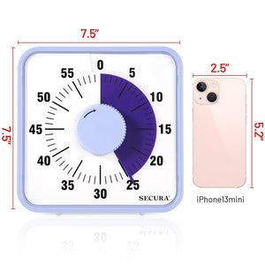 Secura 60-Minute Visual Countdown Timer, 7.5-Inch Oversize Classroom Visual Timer for Kids and Adults, Durable Mechanical Kitchen Timer Clock with Magnetic Backing (Blue)