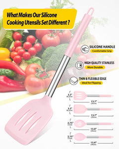 Pack of 4 Silicone Cooking Utensils Set, Non Stick Large Solid Spatulas, Heat Resistant Black Slotted Spoons, Ideal BPA Free Kitchen Turners for Frying, Mixing,Serving,Draining,Turning,Stirring