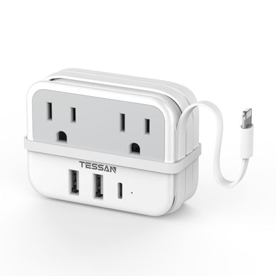 European Travel Plug Adapter, TESSAN Type C Power Adaptor Built-in 1 Lightning Cable, 2 Outlets and 3 USB(1 USB C) Ports for US to Most of Europe EU France Germany Spain Italy Iceland