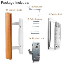Load image into Gallery viewer, Sliding Glass Door Handle Set Oak Wood Interior Handle and Exterior Pull White Diecast Finish+Mortise Lock 45° Keyway Fits 3-15/16” Screw Hole Spacing, Non-keyed with Latch Locks(White)