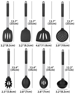 Silicone Cooking Utensil Set, 8Pcs Non-stick Cookware with Stainless Steel Handle, BPA Free Heat Resistant Kitchen Tools with Spatulas, Turners, Spoons, Skimmer and Pasta Fork