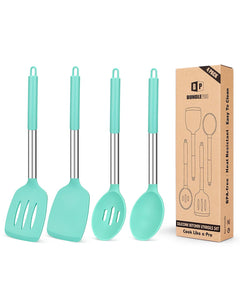 Pack of 4 Silicone Cooking Utensils Set, Non Stick Large Solid Spatulas, Heat Resistant Black Slotted Spoons, Ideal BPA Free Kitchen Turners for Frying, Mixing,Serving,Draining,Turning,Stirring