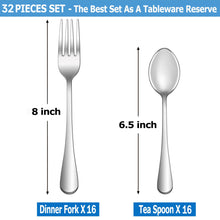 Load image into Gallery viewer, 16 Pcs Forks and Spoons Silverware Set,Food Grade Stainless Steel Flatware Cutlery Set for Home,Kitchen and Restaurant,Mirror Polished,Dishwasher Safe - 8 Dinner Fork(8 inch) and 8 Teaspoon(6.5 inch)