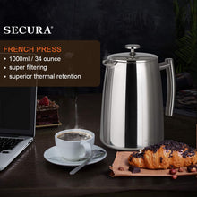 Load image into Gallery viewer, Secura French Press Coffee Maker, 50-Ounce, 304 Stainless Steel Insulated Coffee Press with Extra Screen