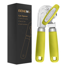 Load image into Gallery viewer, Beneno Can Opener Manual with Magnet, Hand Held Heavy Duty Can Opener with Durable Sharp Blade Smooth Edge, Big Effort-Saving Knob, Soft Grip Rubber Handle, Multifunctional Bottle Opener, Green