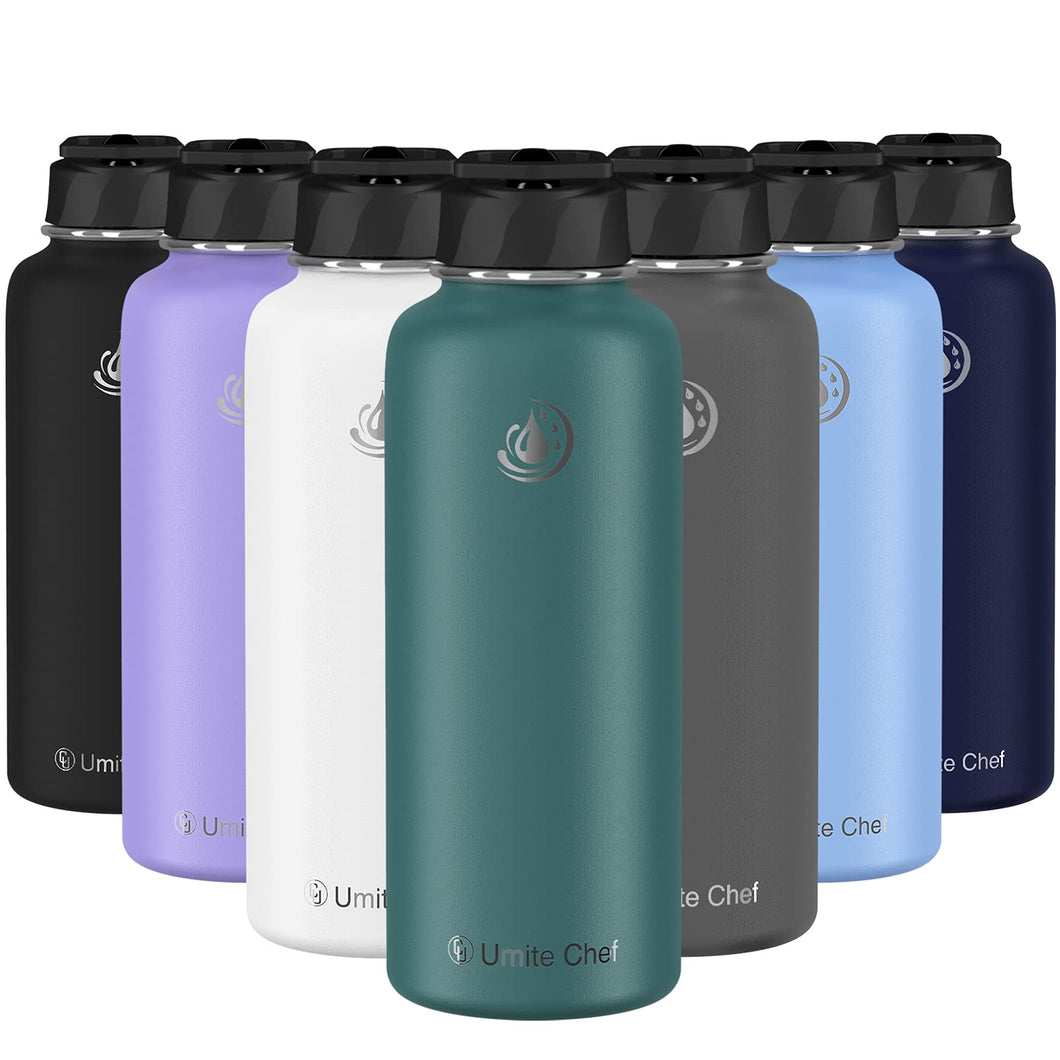 Umite Chef Water Bottle, Vacuum Insulated Wide Mouth Stainless-Steel Sports Water Bottle with New Wide Handle Straw Lid,Hot Cold, 18 oz Double Walled Thermos Mug(Mint Green)
