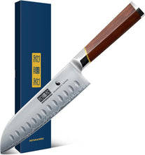 Load image into Gallery viewer, 7 Inch Santoku Knife，Professional Japanese High Carbon Super Steel Chef Knife, Razor Sharp Kitchen Knife with Ergonomic Red Sandal Wooden Handle - Gift Box