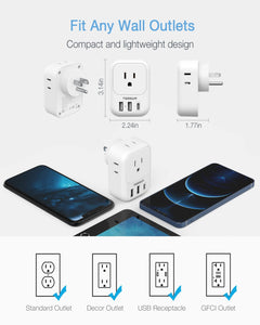 USB Charger Block, TESSAN Wall Plug Adapter with Electrical 4 Box Splitter 3 USB Wall Charger Ports, Multi Plug Outlet Extender Charging for Cruise, Travel, Office, Dorm Essentials
