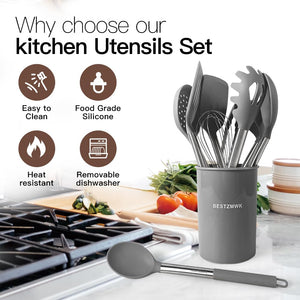 Kitchen Utensils Set-Silicone Cooking Utensils-33pcs Non-Stick Silicone Cooking Kitchen Utensils Spatula Set with Holder-Best Kitchen Cookware with Stainless Steel Handle (Khaki)