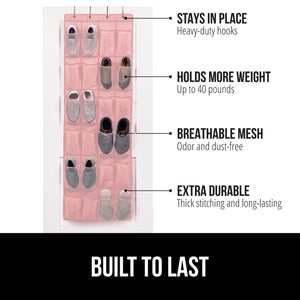 Over the Door Shoe Organizer, 24 Large Breathable Mesh Pockets, Space Saving Hanging Storage Holder, Closet Rack Hanger Holds Up to 40 lbs, Hangs on Closets for Shoes, Accessories, Black