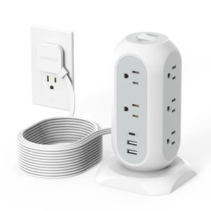 Tower Power Strip Flat Plug with 11 Outlets 3 USB (1 USB C), TESSAN Surge Protector Tower 1625W/13A,1050J Protection, 6 Feet Extension Cord with Multiple Outlets, Office Desk Supplies, Dorm Essentials