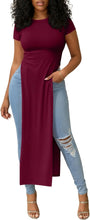 Load image into Gallery viewer, OPOIPIN Women's Side Split Casual Long Shirt | Crew Neck Short Sleeve Slit Hem Slim Fitted Dressy Tunic Tee Top