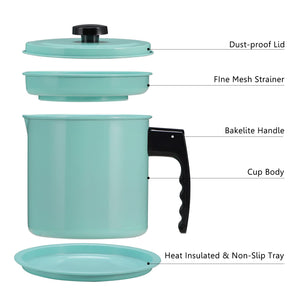 Bacon Grease Container with Fine Mesh Strainer, 1.3 L almost 6 Full Cups Iron Cooking Oil Can with Removable a Coaster Tray for Kitchen Fat Storage Black