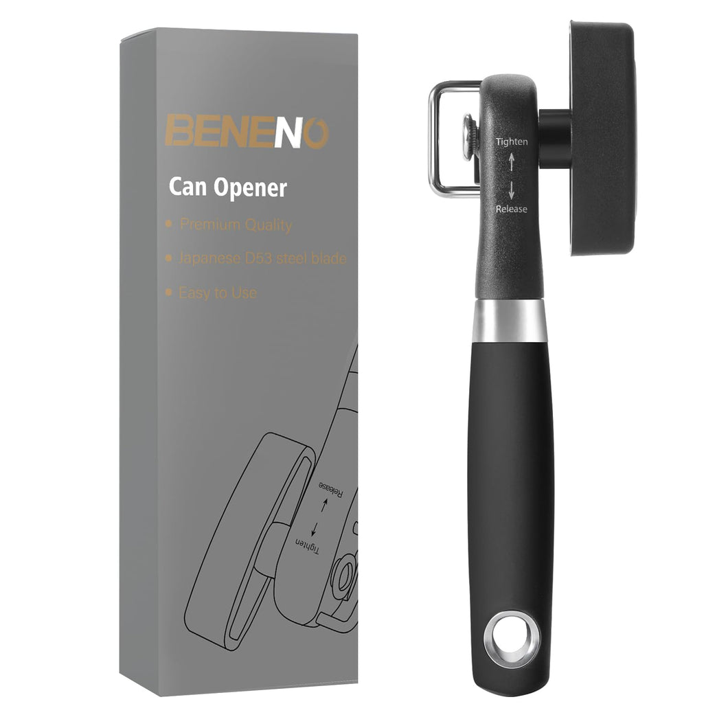 Beneno Can Opener, Manual Side Safe Cut Can Opener Smooth Edge with Durable Sharp Blade, Effort-Saving Knob & Comfortable Non-slip Handle, Brown