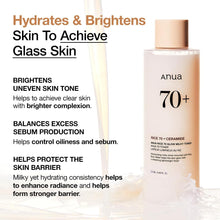 Load image into Gallery viewer, ANUA Rice 70 Glow Milky Toner, for Glass Skin, Rice Water, Niacinamide, Ceramides, Panthenol, Fragrance-Free, Non comedogenic, Fungal Acne Safe, Korean Skin Care, 250ml/8.45fl.oz.