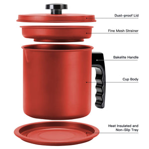 Bacon Grease Container with Fine Mesh Strainer, 1.3 L almost 6 Full Cups Iron Cooking Oil Can with Removable a Coaster Tray for Kitchen Fat Storage Black