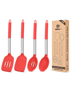 Pack of 4 Silicone Cooking Utensils Set, Non Stick Large Solid Spatulas, Heat Resistant Black Slotted Spoons, Ideal BPA Free Kitchen Turners for Frying, Mixing,Serving,Draining,Turning,Stirring