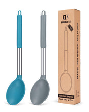 Load image into Gallery viewer, Pack of 2 Large Silicone Cooking Spoon Non Stick Solid Basting Spoons Heat-Resistant Kitchen Utensils for Mixing Serving (Gray-Blue)