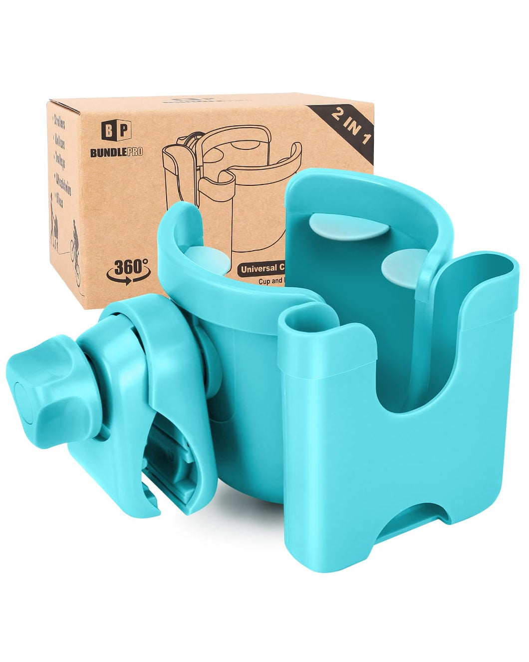 Universal Stroller Cup Holder with Mobile Phone Case, 2-in-1 Strollers Storage Rack, 360 Degrees Rotation Drink Holder for Bike, Pushchair, Wheelchair, Walker,Bicycle, Fits Most Cups