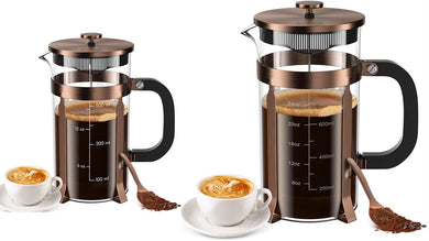 French Press Coffee Maker, 21 Ounce & 34 Ounce, Stainless Steel, Cold Brew Heat Resistant Borosilicate Glass Espresso Coffee & Tea Maker with 4 Filter