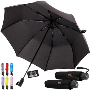 Windproof Compact Stick Umbrella for Rain, Travel One-Click Automatic Open and Close, Lightweight, Portable, Strong Reinforced Fiberglass Ribs, Easily Collapsible, Black
