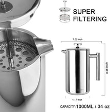 Load image into Gallery viewer, Secura French Press Coffee Maker, 304 Grade Stainless Steel Insulated Coffee Press with 2 Extra Screens, 34oz (1 Litre), Silver