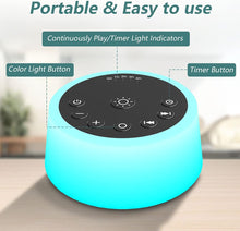 Load image into Gallery viewer, Color Noise Sound Machines with 10 Colors Night Light 25 Soothing Sounds and Sleep White Noise Machine 32 Volume Levels 5 Timers Adjustable Brightness Memory Function for Adults Kids Baby
