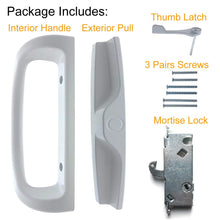 Load image into Gallery viewer, Patio Door Handle Set + Mortise Lock 45° Perfect Replacement for Sliding Glass Door Fits 3-15/16” Screw Hole Spacing, Non-keyed with Latch Locks,White Diecast,Reversible Design(Non-Handed)