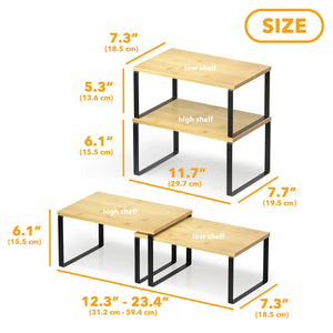 SpaceAid Cabinet Shelf Organizers 2 Pack, Kitchen Counter Rack Shelves Riser, Stackable Expandable Spice Rack, Pantry Cupboard Storage Organization (Black and Natural, Short)
