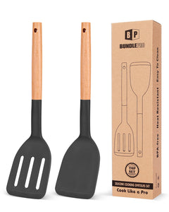 Pack of 2 Silicone Cooking Spatula, Heat Resistant Solid Turner, Non Stick Slotted Spatulas with Wooden Short Handle,Ideal Wood Kitchen Utensils Set for Frying, Baking, Flipping, Turning