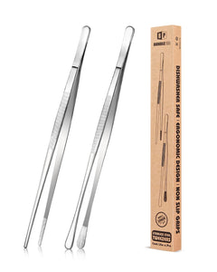 2 Pcs 10-Inch Kitchen Tweezers Fine Tweezer Tongs, Stainless Steel Professional Long Cooking Tweezers for BBQ, Sea Food, Repairing and Serving (BLACK)